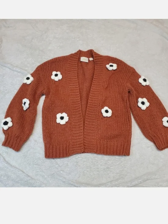 Anthropologie Maeve Brown Rust Chunky Knit Floral Cottagecore Cardigan One Size - Picture 1 of 7